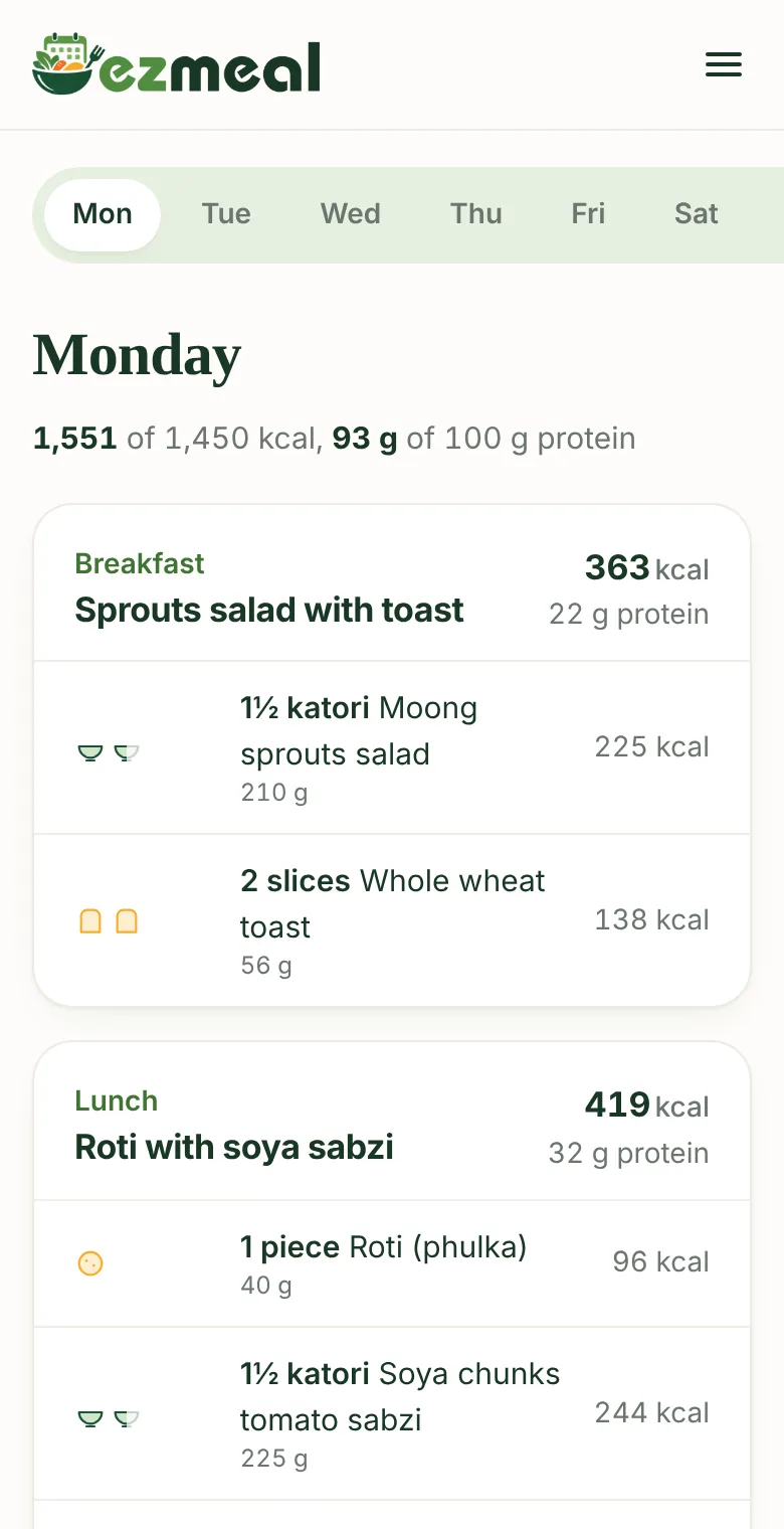 The plan screen showing Monday’s breakfast and lunch with portions