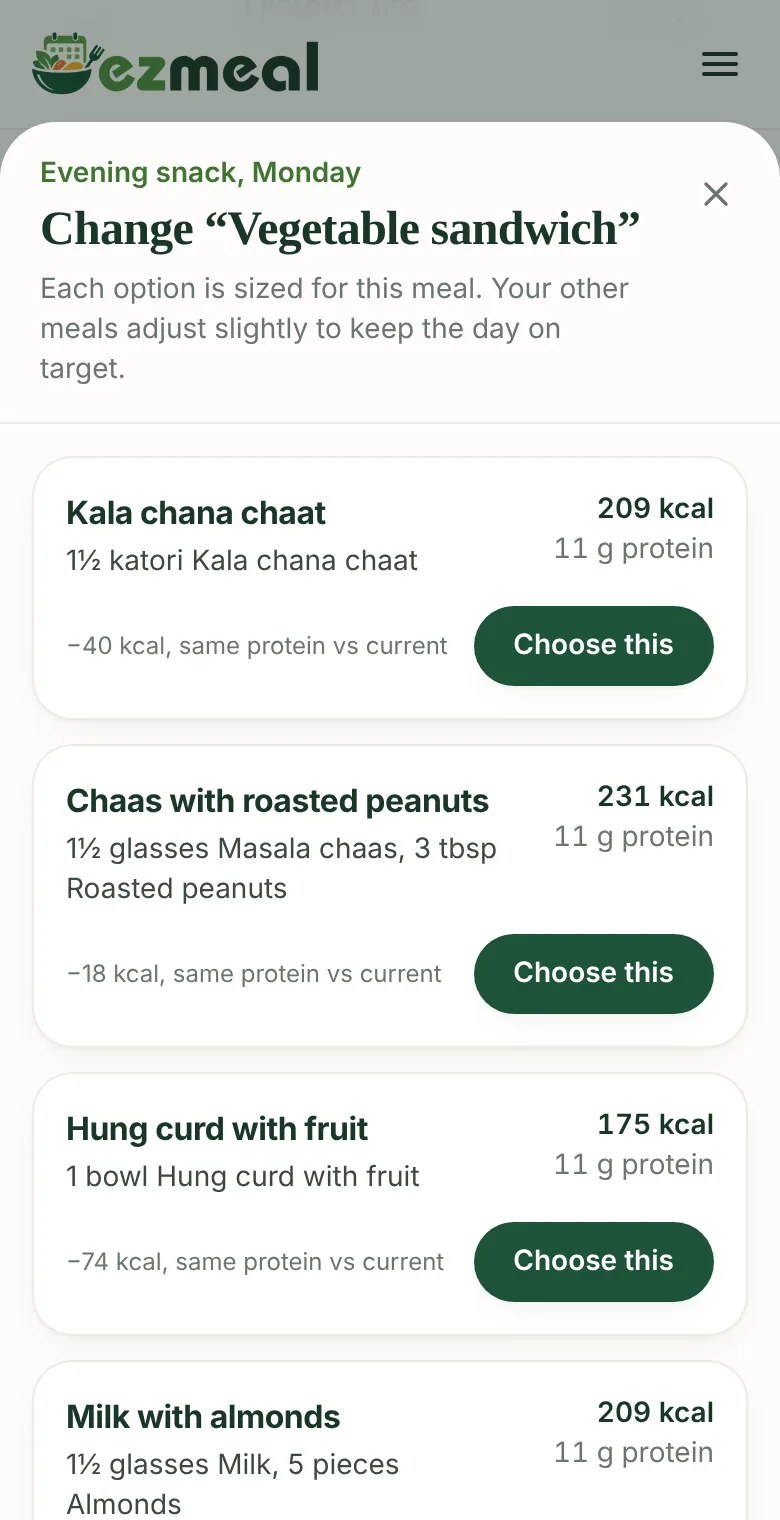 The change meal screen with three alternative meals